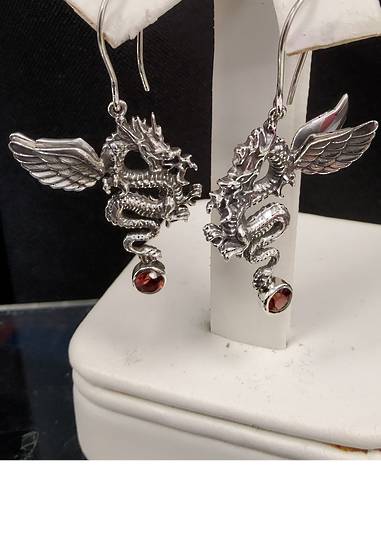 3D Sterling Silver Dragon Earrings with Garnet Drops